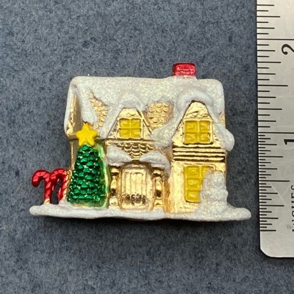 Christmas Pin Brooch House As Is Gold White Snow Green Tree Red Candy Canes - Picture 8 of 9
